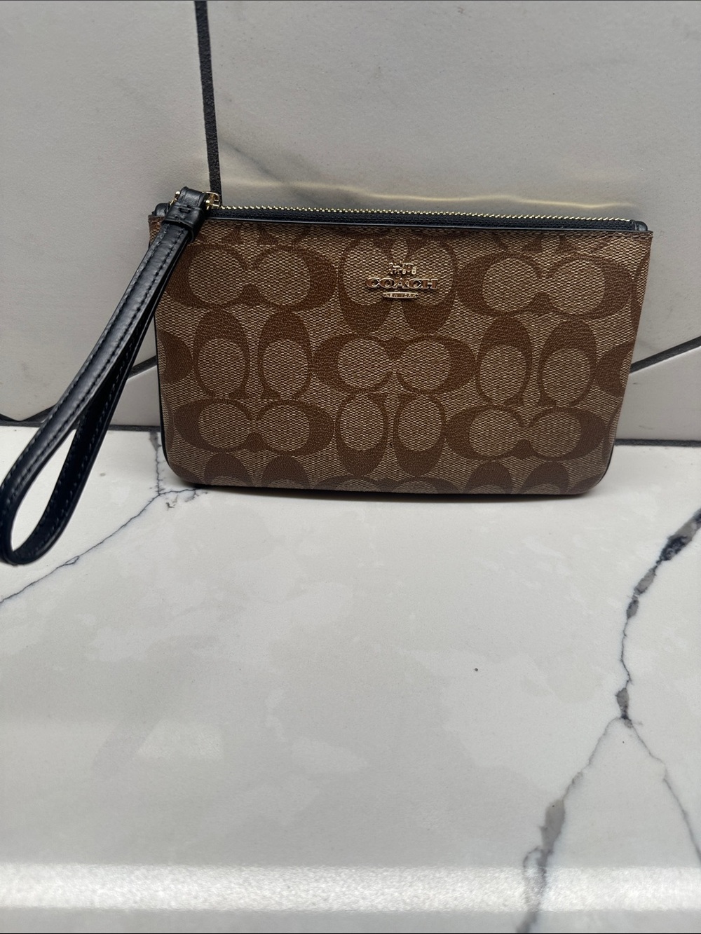 Coach Brown Signature Canvas Wristlet with Black Strap